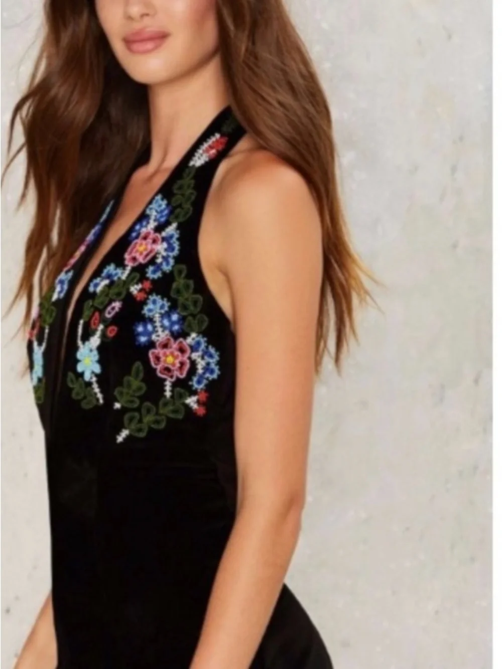 Glamorous Floral Beaded Black Velvet Halter Romper
